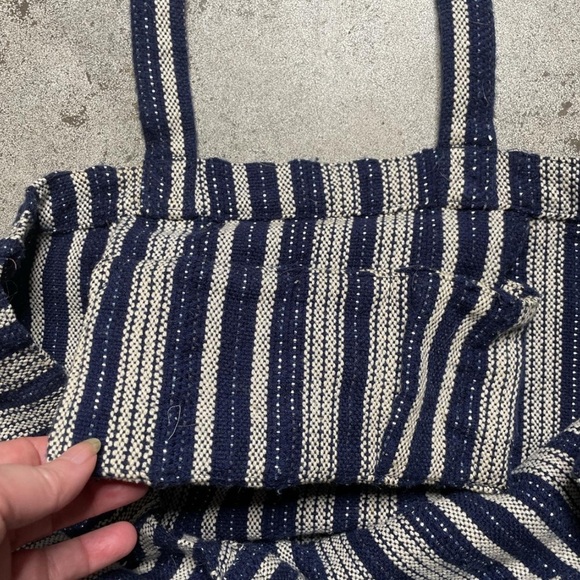 Cost Plus World Market Navy Blue and Silver Stripe cotton boho tote bag. - Picture 3 of 4